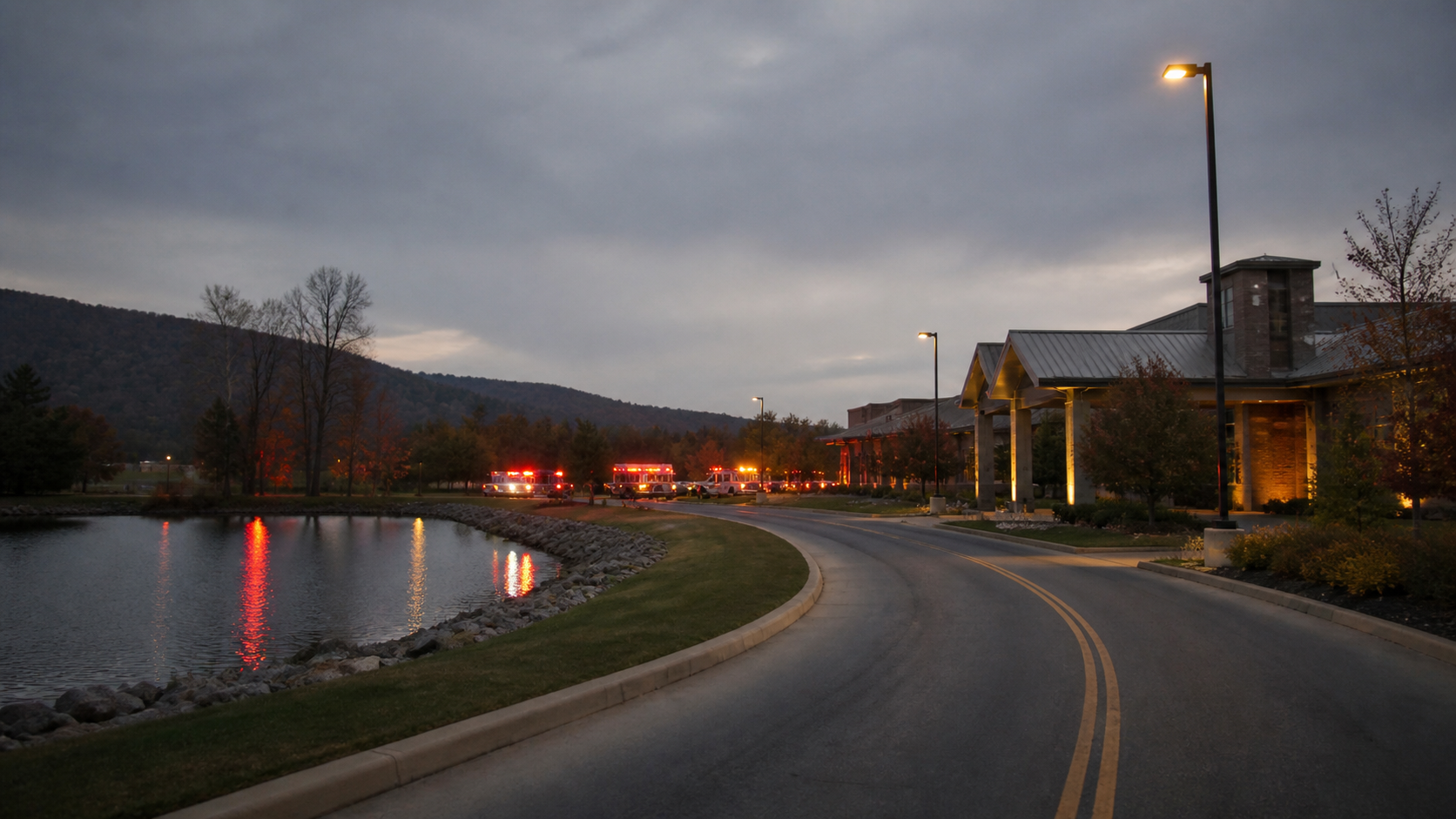Casino resort roadway and retention pond after an emergency response