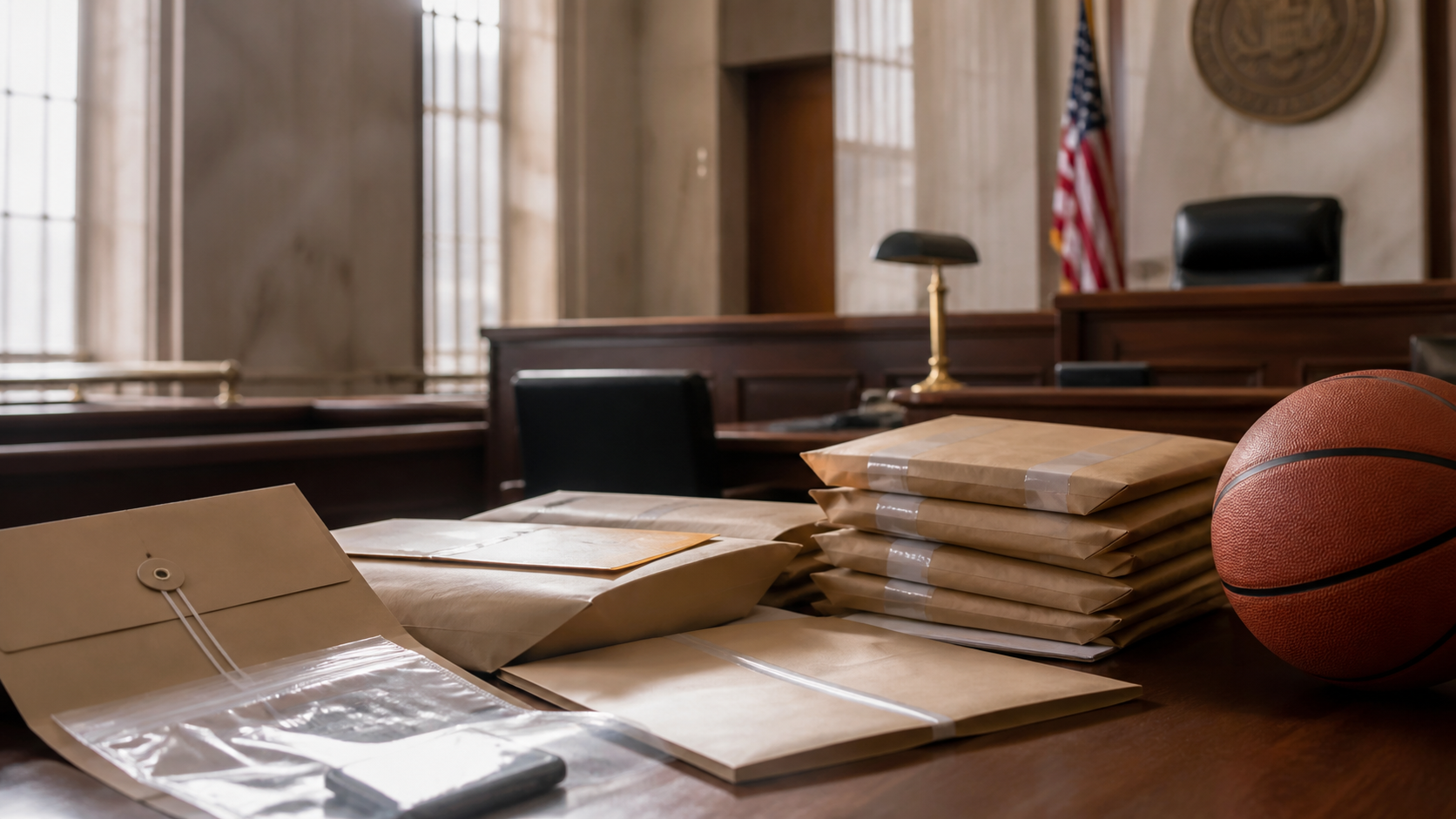 Federal courthouse table with sports investigation materials