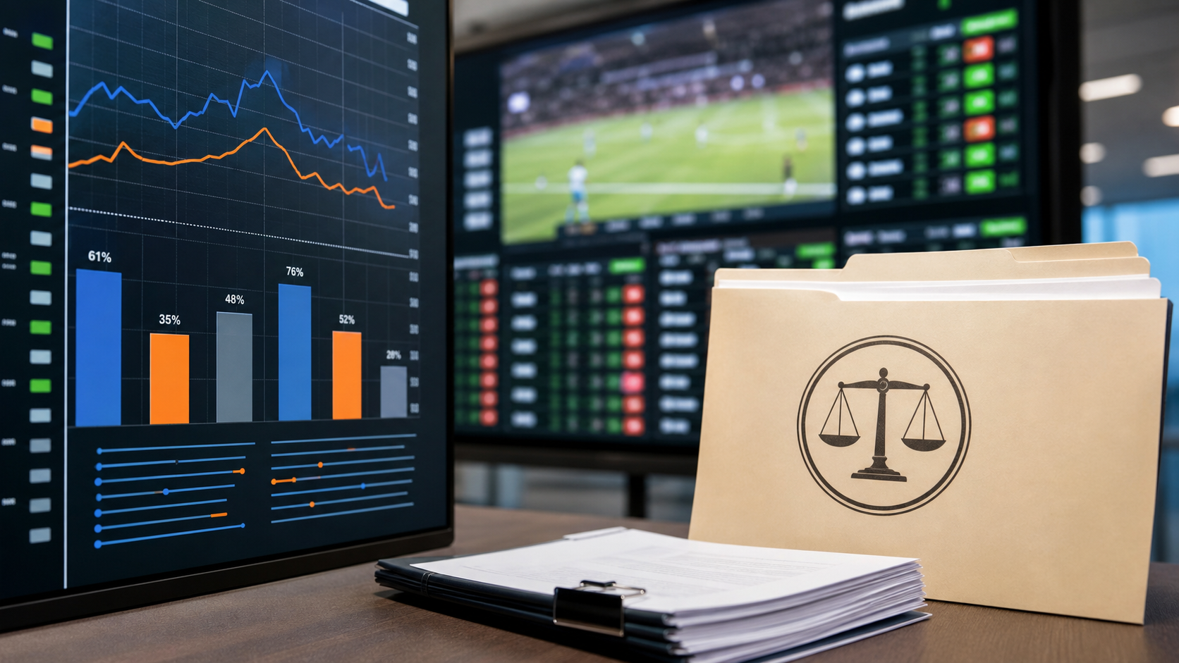 Abstract prediction-market display beside federal regulation documents