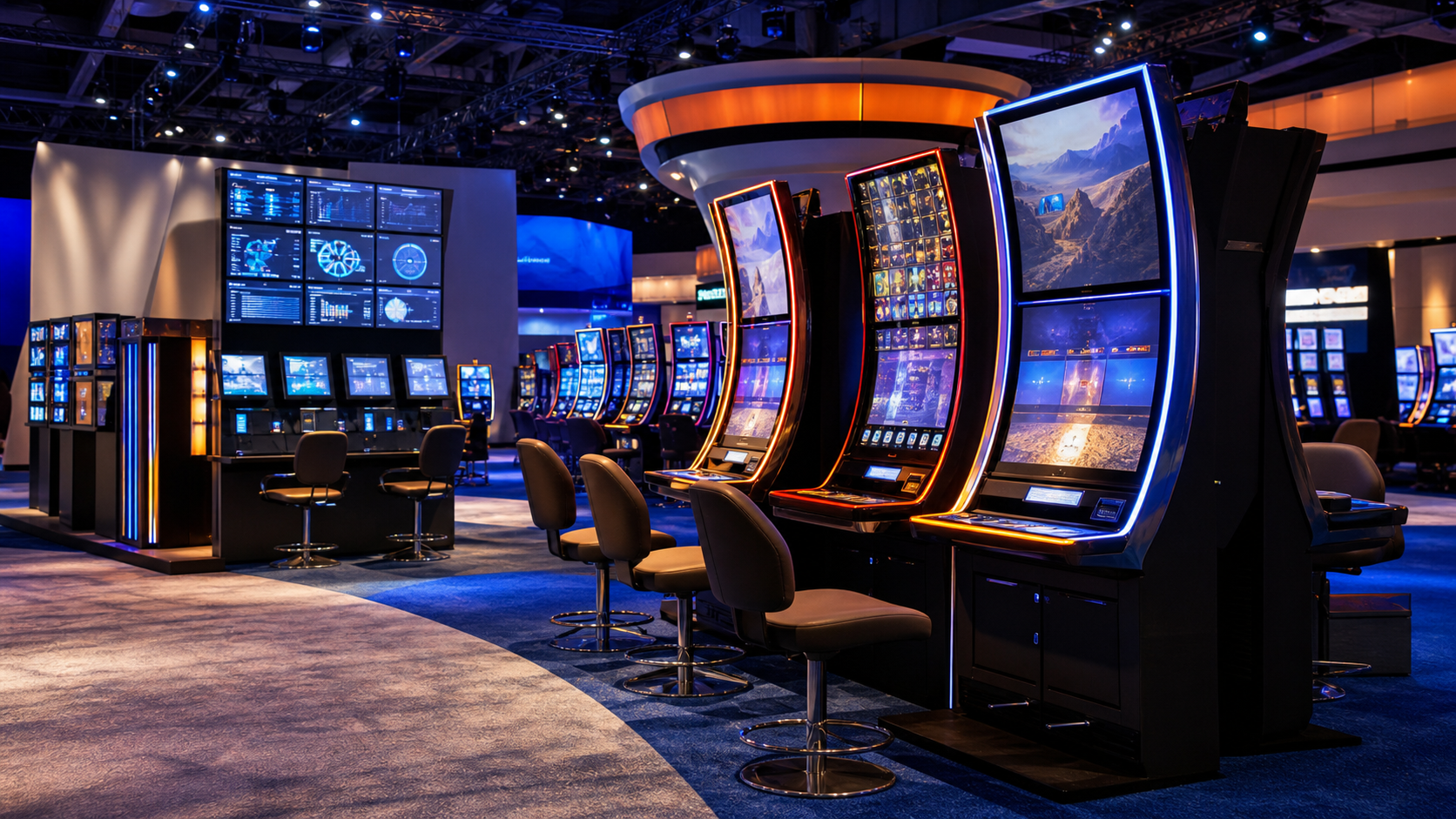 Modern casino gaming floor with a large cabinet and digital systems screens