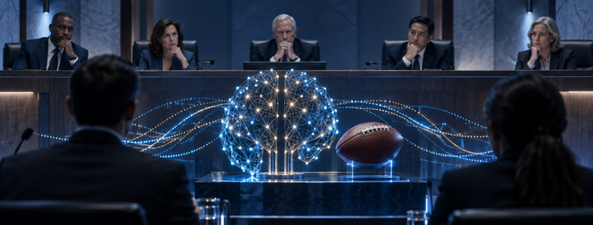 Editorial illustration about AI sports betting regulation, United States casino and gambling news, and source documents