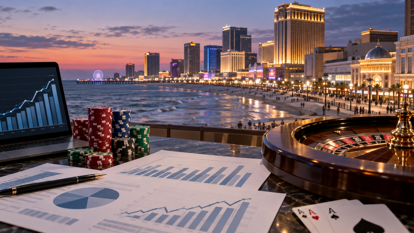 Editorial illustration of Atlantic City casino revenue data, a boardwalk skyline, and gaming charts