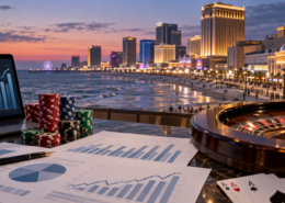 Editorial illustration of Atlantic City casino revenue data, a boardwalk skyline, and gaming charts