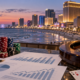Editorial illustration of Atlantic City casino revenue data, a boardwalk skyline, and gaming charts