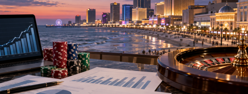 Editorial illustration of Atlantic City casino revenue data, a boardwalk skyline, and gaming charts