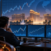 Editorial illustration of casino stocks trading, resort silhouettes, and financial charts