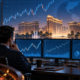 Editorial illustration of casino stocks trading, resort silhouettes, and financial charts