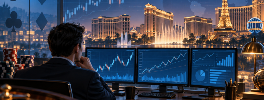 Editorial illustration of casino stocks trading, resort silhouettes, and financial charts