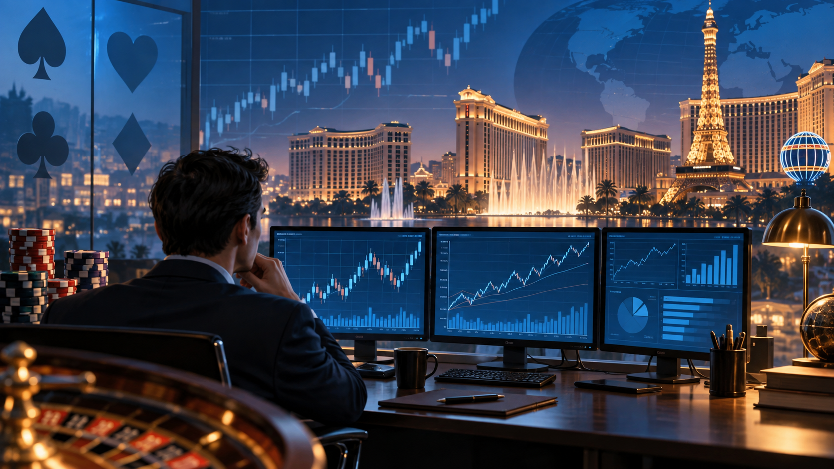 Editorial illustration of casino stocks trading, resort silhouettes, and financial charts