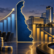 Editorial illustration of Delaware casino revenue data and slot machines