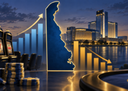 Editorial illustration of Delaware casino revenue data and slot machines