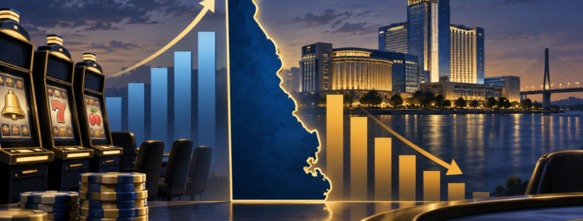 Editorial illustration of Delaware casino revenue data and slot machines