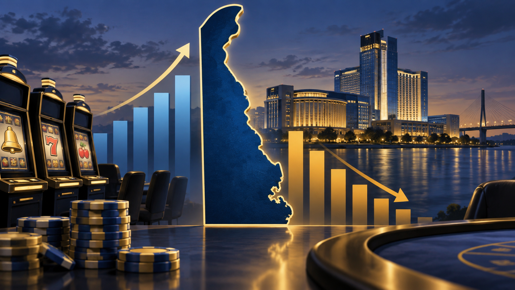 Editorial illustration of Delaware casino revenue data and slot machines