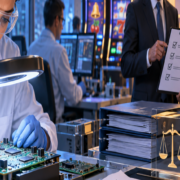 Editorial illustration of gaming laboratory testing, casino compliance, and corporate appointments