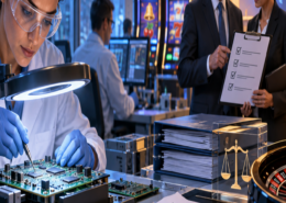 Editorial illustration of gaming laboratory testing, casino compliance, and corporate appointments