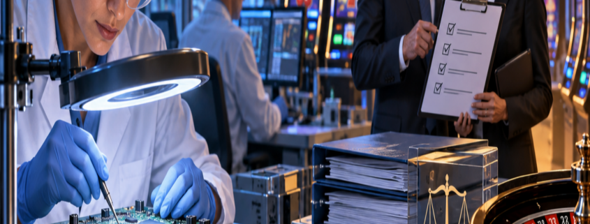 Editorial illustration of gaming laboratory testing, casino compliance, and corporate appointments