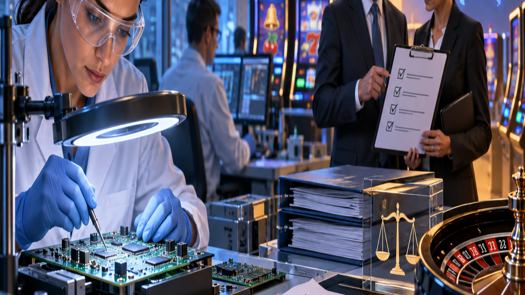 Editorial illustration of gaming laboratory testing, casino compliance, and corporate appointments