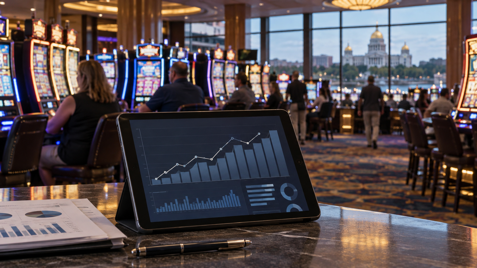 Editorial illustration of Iowa casino revenue data, slot machines, and a state market report
