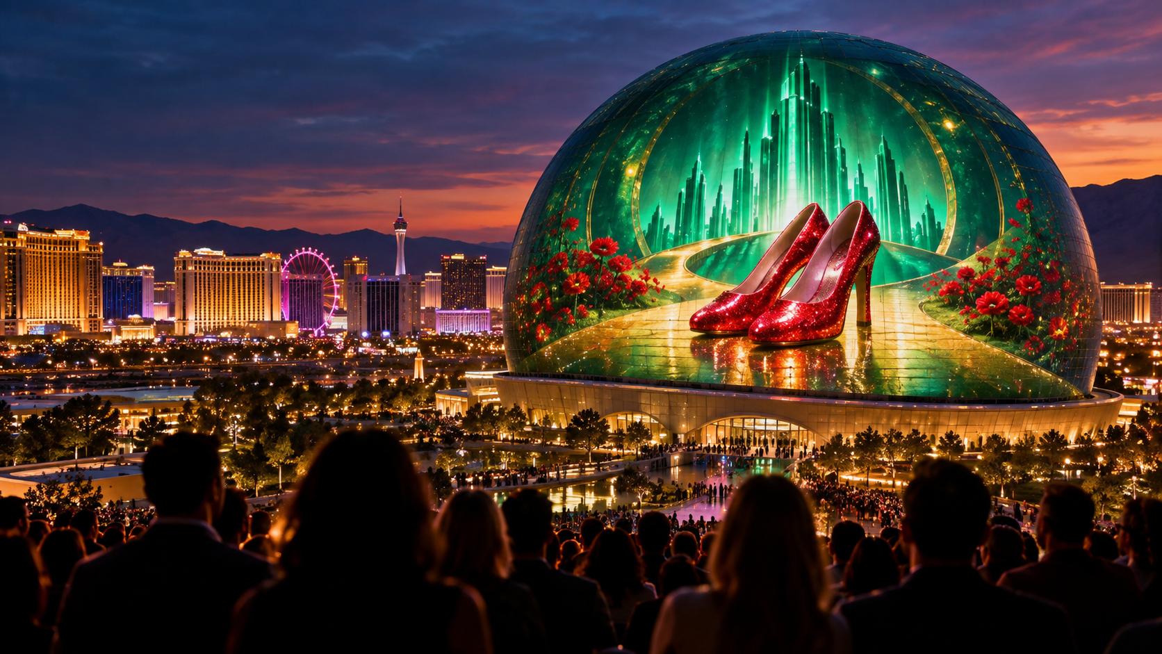 Editorial illustration of Las Vegas casino entertainment, the Sphere, and a Wizard of Oz stage production