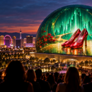 Editorial illustration of Las Vegas casino entertainment, the Sphere, and a Wizard of Oz stage production
