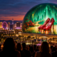 Editorial illustration of Las Vegas casino entertainment, the Sphere, and a Wizard of Oz stage production