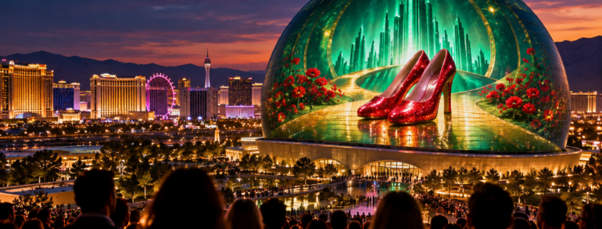 Editorial illustration of Las Vegas casino entertainment, the Sphere, and a Wizard of Oz stage production