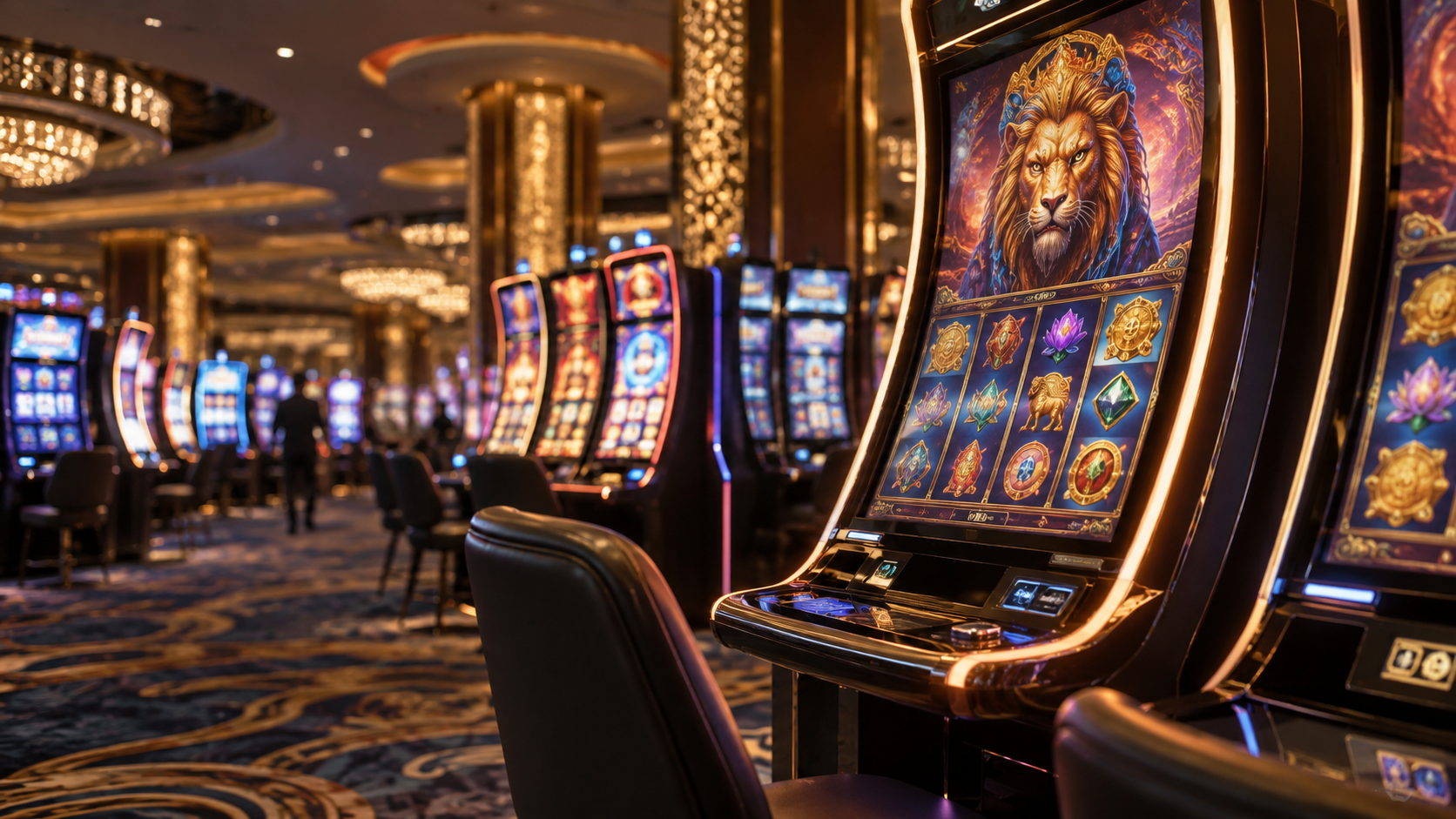 Editorial illustration of a premium slot cabinet on a modern casino floor