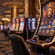 Editorial illustration of a premium slot cabinet on a modern casino floor
