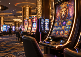 Editorial illustration of a premium slot cabinet on a modern casino floor