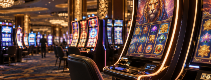 Editorial illustration of a premium slot cabinet on a modern casino floor