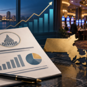 Editorial illustration of Massachusetts casino revenue, a state gaming report, and a regional casino floor
