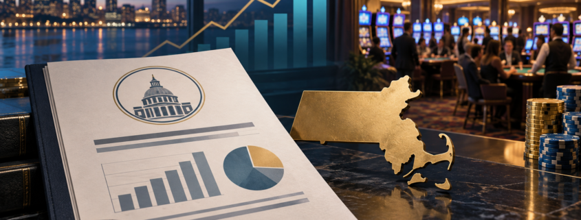 Editorial illustration of Massachusetts casino revenue, a state gaming report, and a regional casino floor