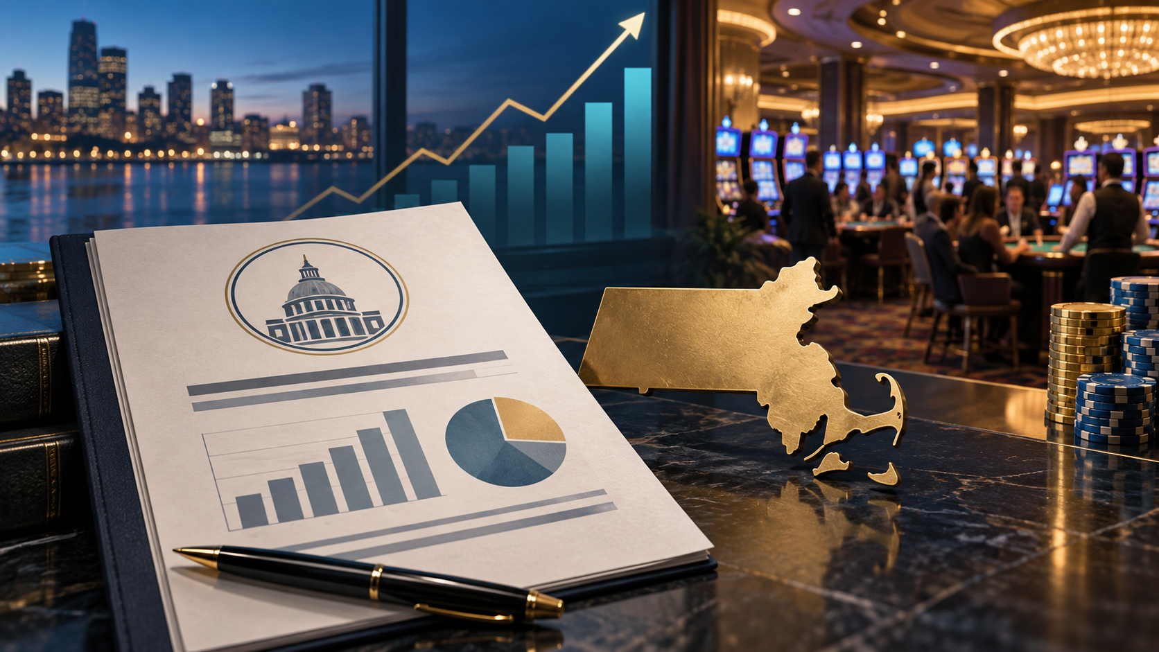 Editorial illustration of Massachusetts casino revenue, a state gaming report, and a regional casino floor