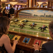 Editorial illustration of a communal horse-racing casino game on a modern casino floor