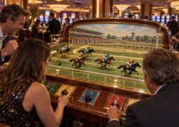 Editorial illustration of a communal horse-racing casino game on a modern casino floor