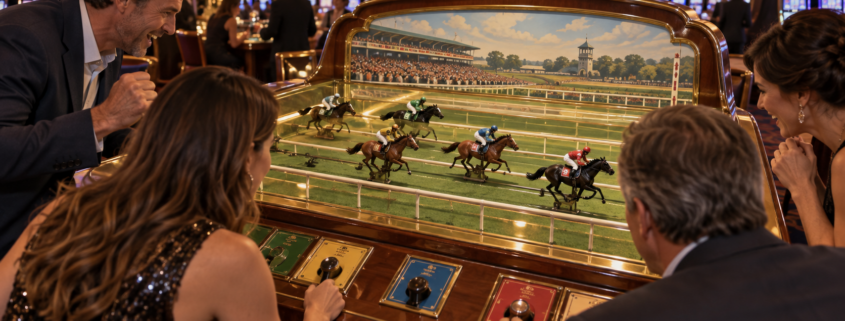 Editorial illustration of a communal horse-racing casino game on a modern casino floor