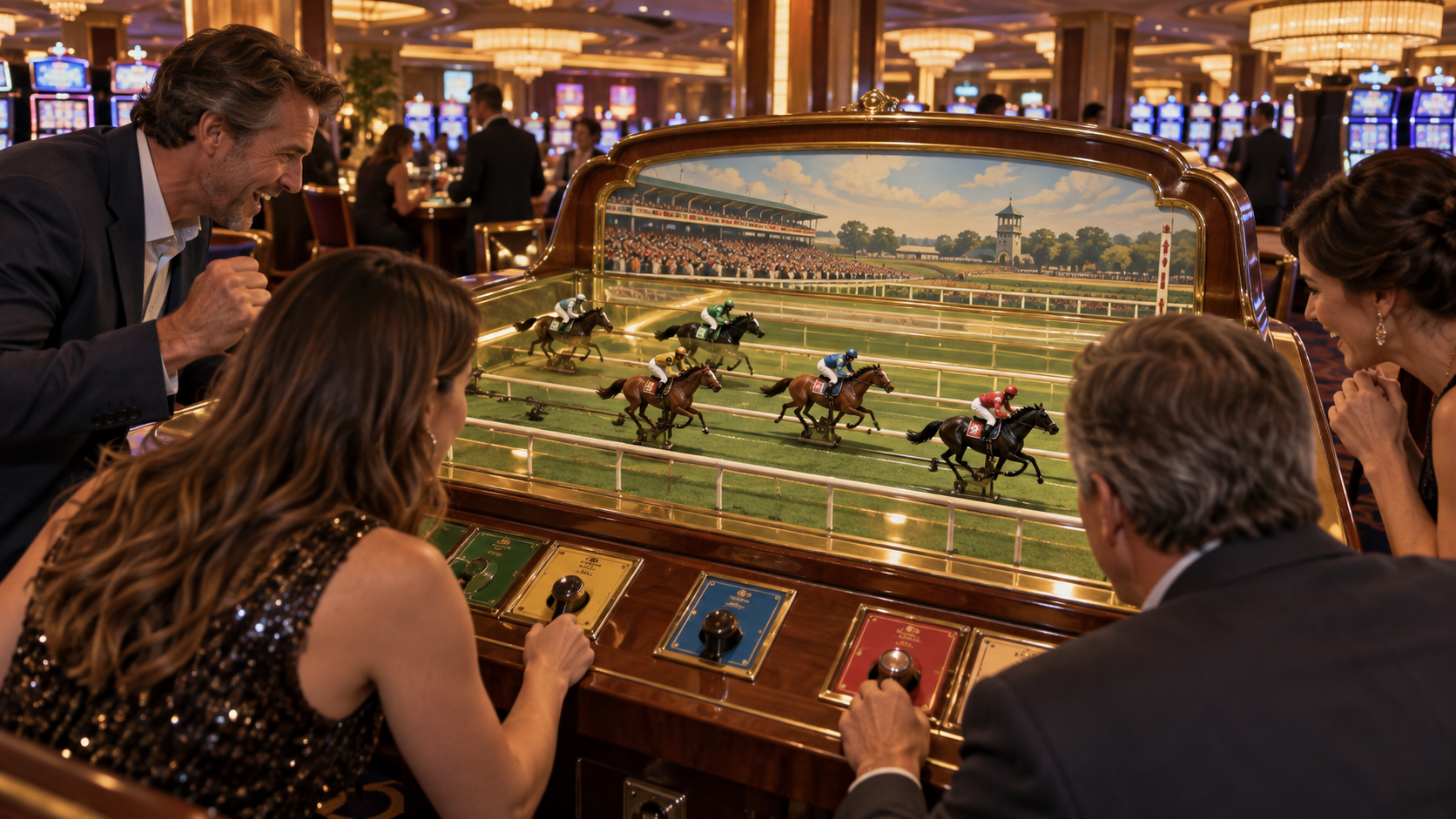 Editorial illustration of a communal horse-racing casino game on a modern casino floor