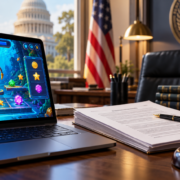 Editorial illustration about skill game regulation, United States casino and gambling news, and source documents