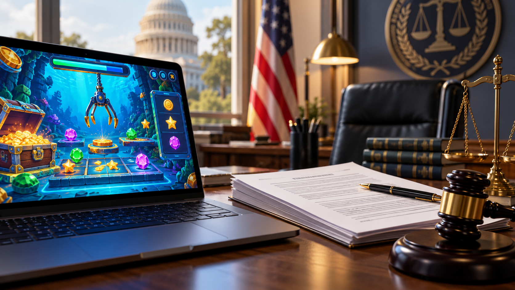 Editorial illustration about skill game regulation, United States casino and gambling news, and source documents