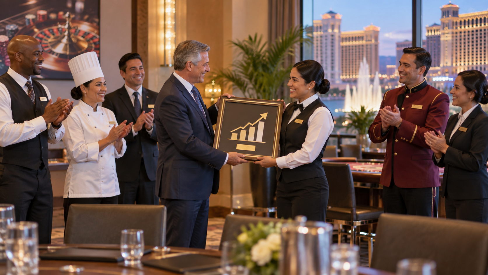 Editorial illustration of casino employees receiving a stock award and workforce recognition
