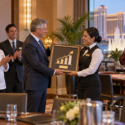 Editorial illustration of casino employees receiving a stock award and workforce recognition