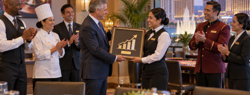 Editorial illustration of casino employees receiving a stock award and workforce recognition