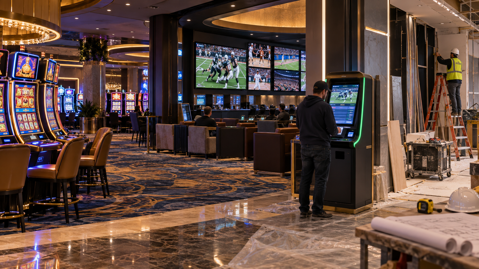 Editorial illustration of a Nevada casino remodel, sportsbook partnership, and construction plans