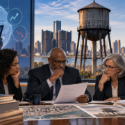 Editorial illustration of a Detroit water tower, prediction-market branding, and local approval documents