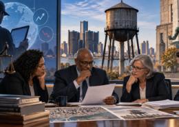 Editorial illustration of a Detroit water tower, prediction-market branding, and local approval documents