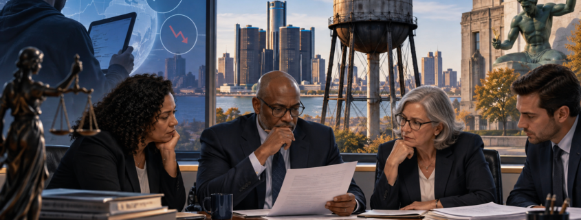 Editorial illustration of a Detroit water tower, prediction-market branding, and local approval documents