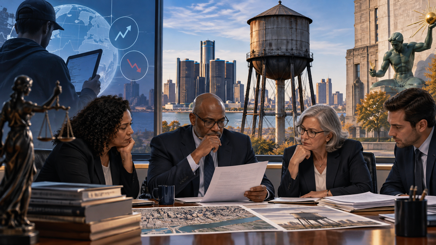Editorial illustration of a Detroit water tower, prediction-market branding, and local approval documents
