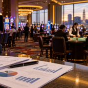 Editorial illustration of Ohio casino revenue, slot machines, table games, and state reporting