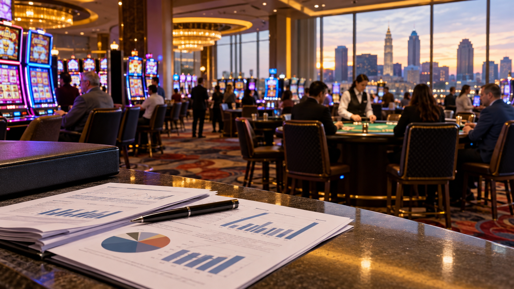 Editorial illustration of Ohio casino revenue, slot machines, table games, and state reporting